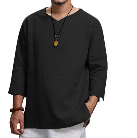 Men's Long-Sleeved V-neck Cotton and Linen Loose Shirt VangoghDress