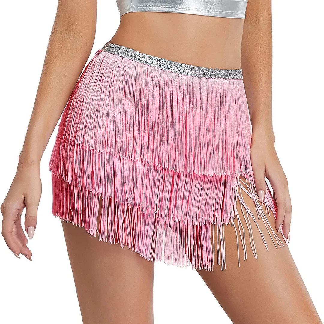 Huibahe Women Sequin Tassel Tutu Skirt Rave Fringe Belly Dance Hip Scarf Wrap Skirt Club Mini Skirt Sexy Club party Clothing