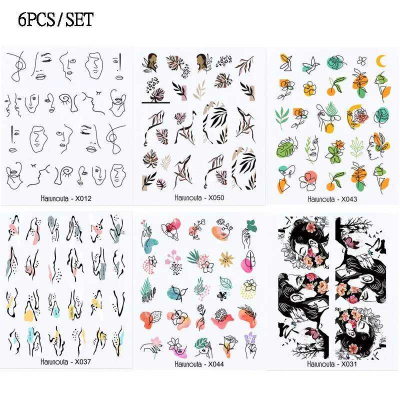Harunouta Sexy Girl Geometric Lines Nail Water Stickers Set Spring Simple Flower Leaves Decals Sliders DIY Nail Art Decoration