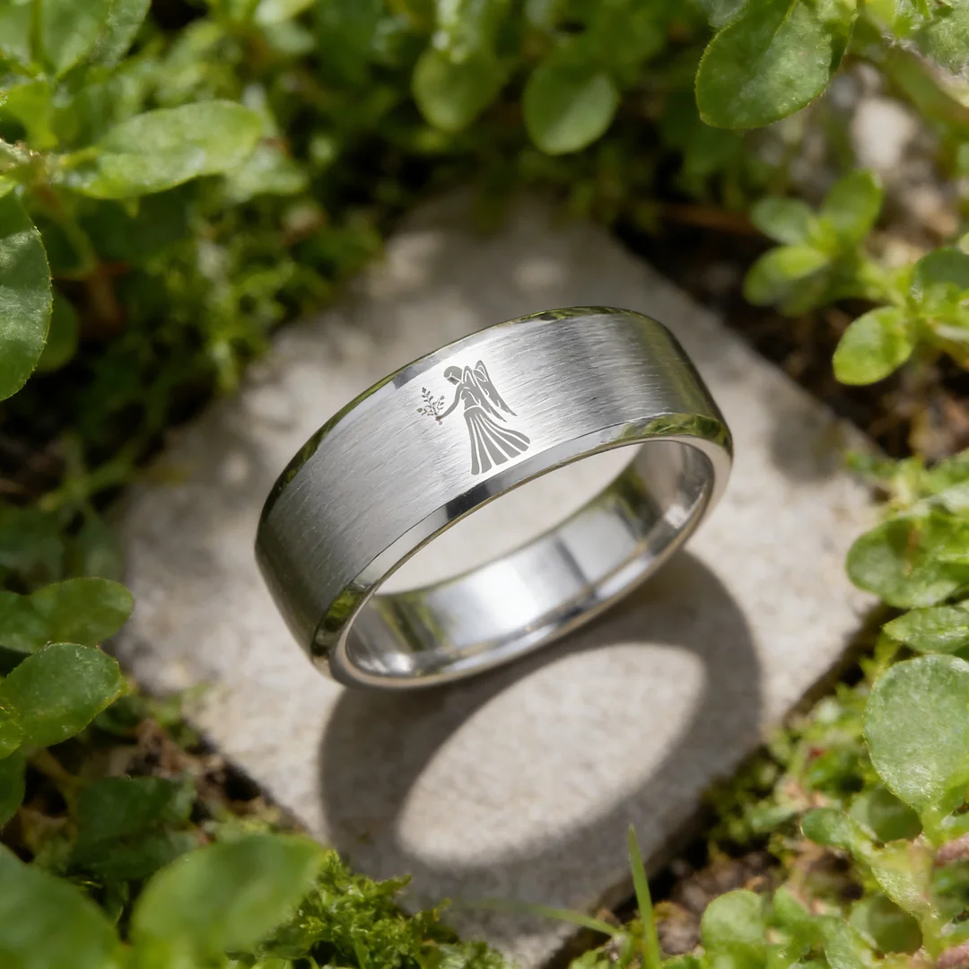 Beveled Edges Sliver Laser Etched Tungsten Carbide Rings Sliver Virgo Couple Wedding Bands 4MM 6MM 8MM