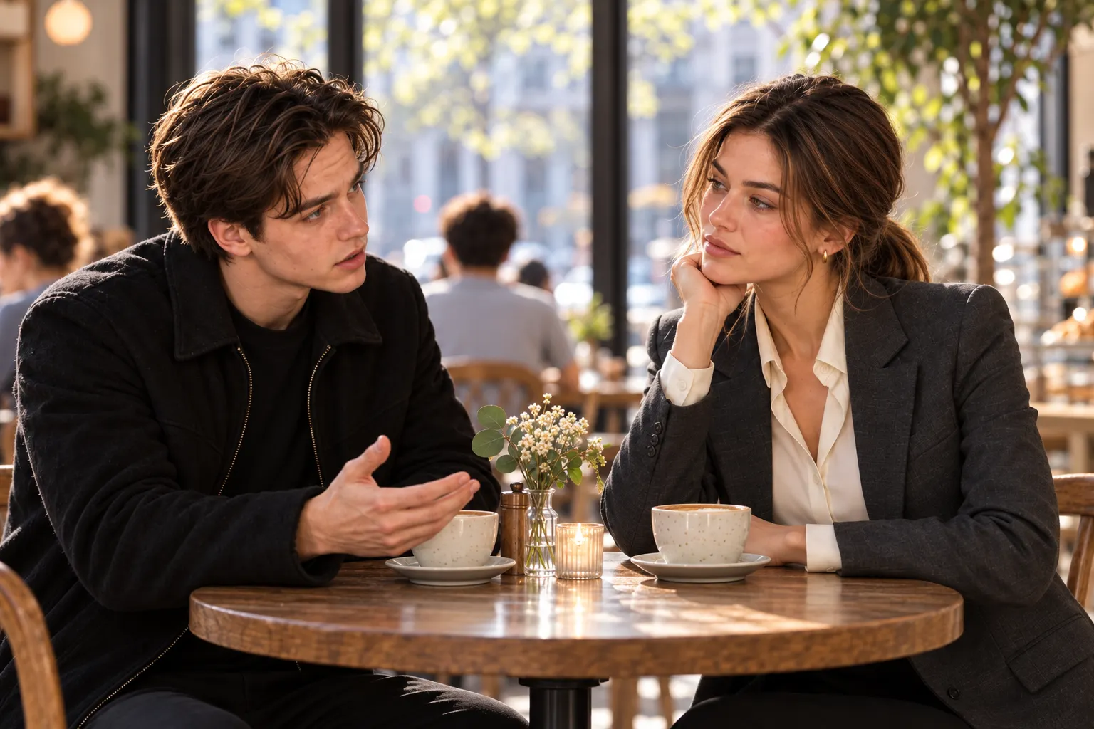 Woman in a polished outfit leaving a coffee shop while her former boyfriend watches