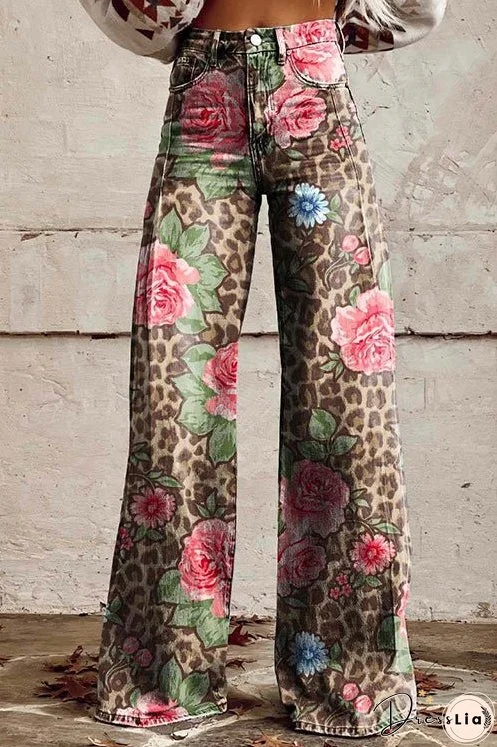 Meridress Leopard Floral Print Wide Leg Pocketed Pants