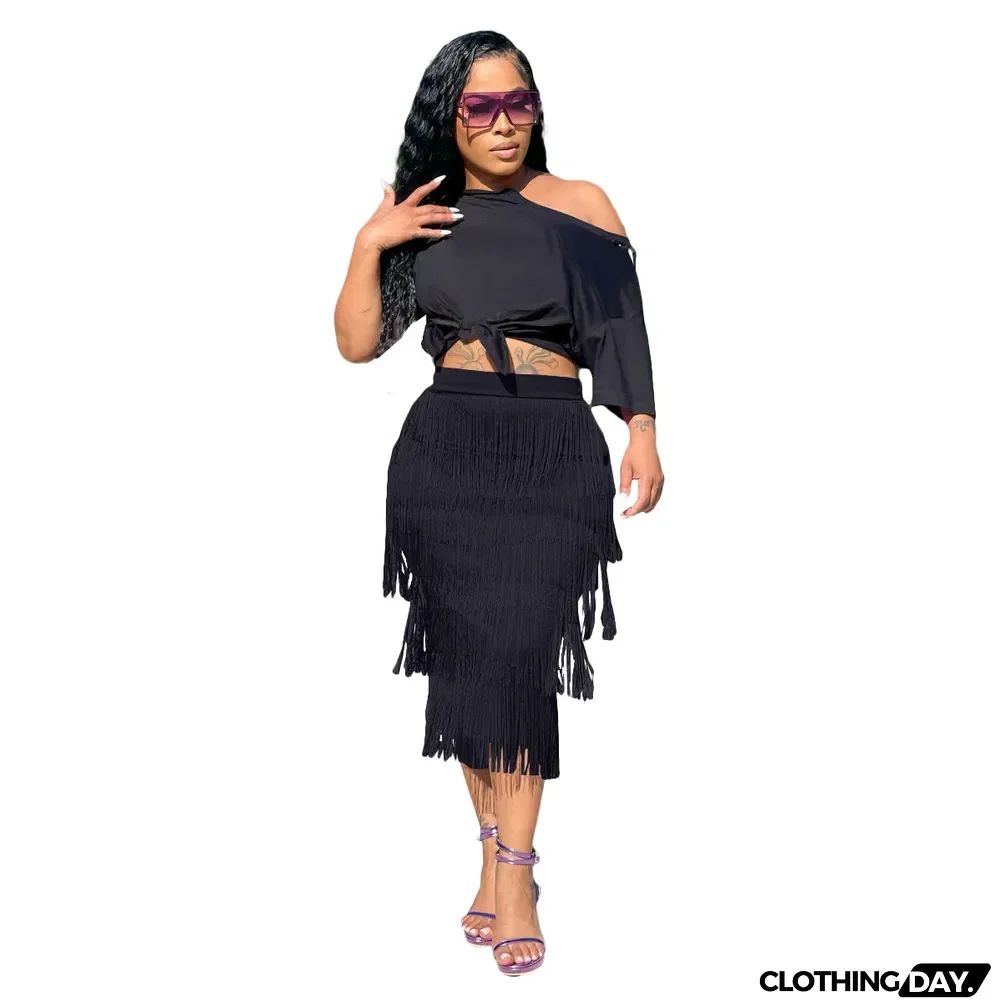 Women's Solid Color slash shoulder Tassel Slim Fit Two Piece Plus Size Skirt Set