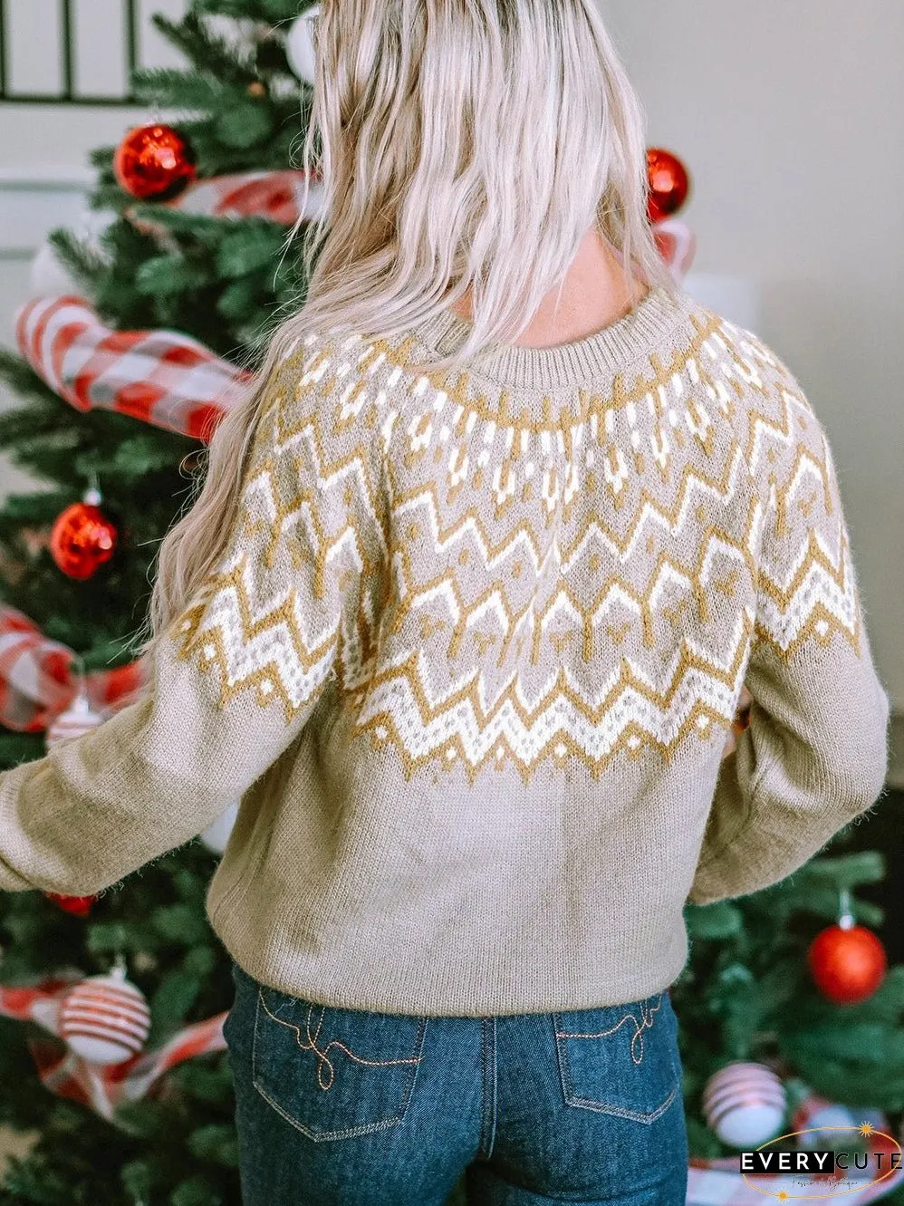 Cozy Gray Geometric Knit Round Neck Sweater
