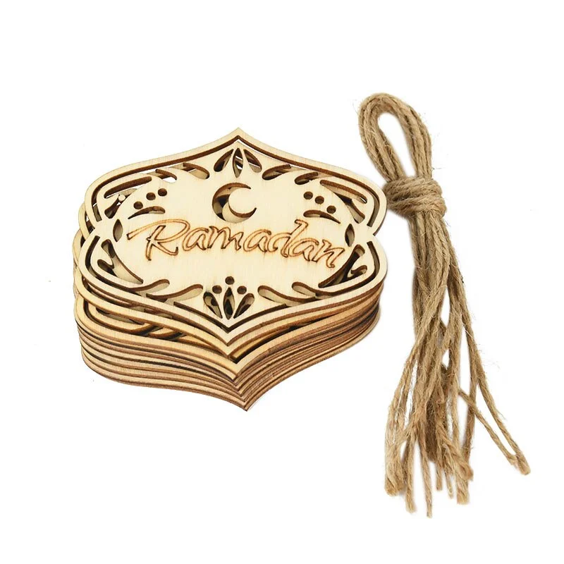 10pcs Wooden Eid Mubarak Pendants Ramadan Ornament DIY Islamic Muslim Festival Party Decoration for Home Moon Eid Al-Fitr Decor