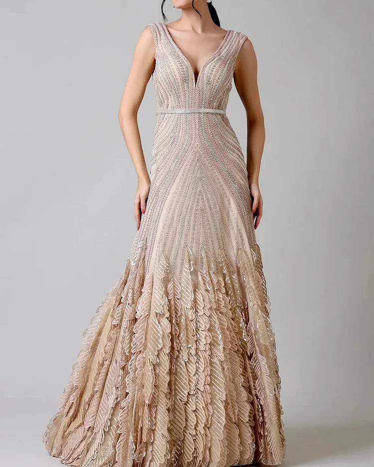 Women's Champagne Embroidered Sleeveless Dress
