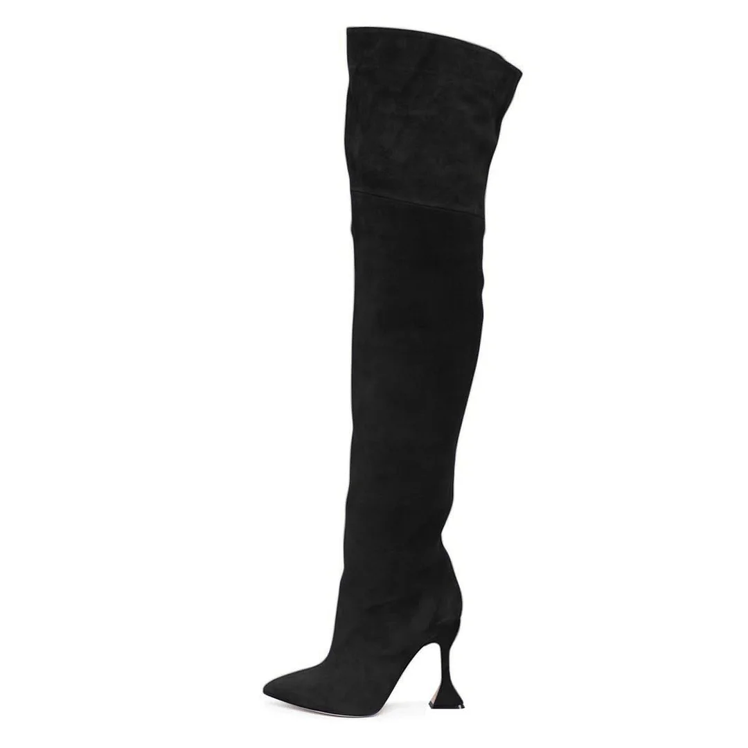 Pointed Toe Pull-On Flared Heel Over-The-Knee Boots in Black