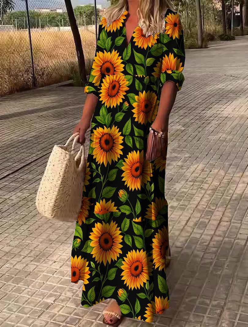 Women Sunflower, Green, Yellow DZDN0952 SPU Printed Long Sleeve V-neck Maxi Dress