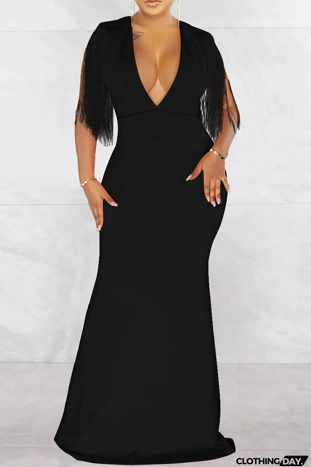 Black Fashion Sexy Solid Tassel Patchwork V Neck Long Dress
