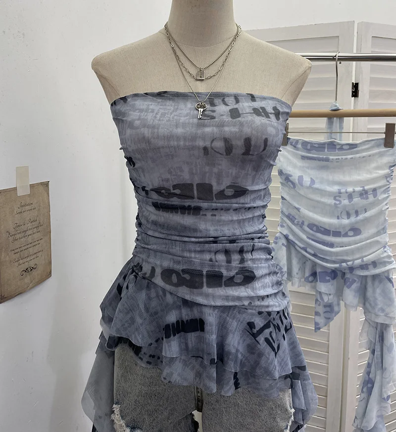 Nigikala Nigikala Shooting Spice Girls Irregular Lotus Leaf Side Ribbon With Non-Slip Strip Mesh Printing Chest Vest 8037