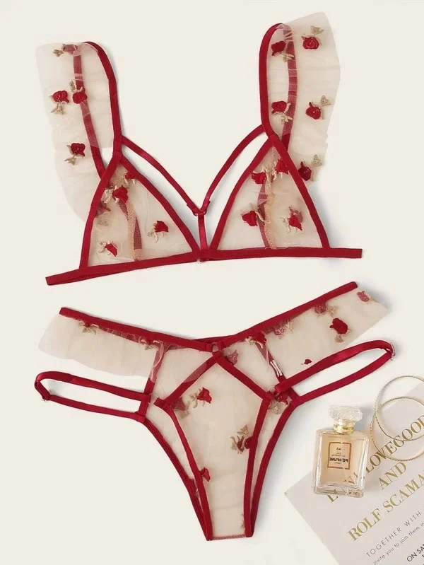 Brownm Hot Sexy Lingerie Sexy Women's Thin Mesh Porous Red Lingerie Set
