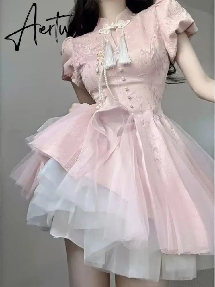Aiertu Summer Pink Bow Fashion Elegant Dress Women Floral Print Vintage Party Mini Dress Female Puff Sleeve Korean Sweet Dress  New Aiertu