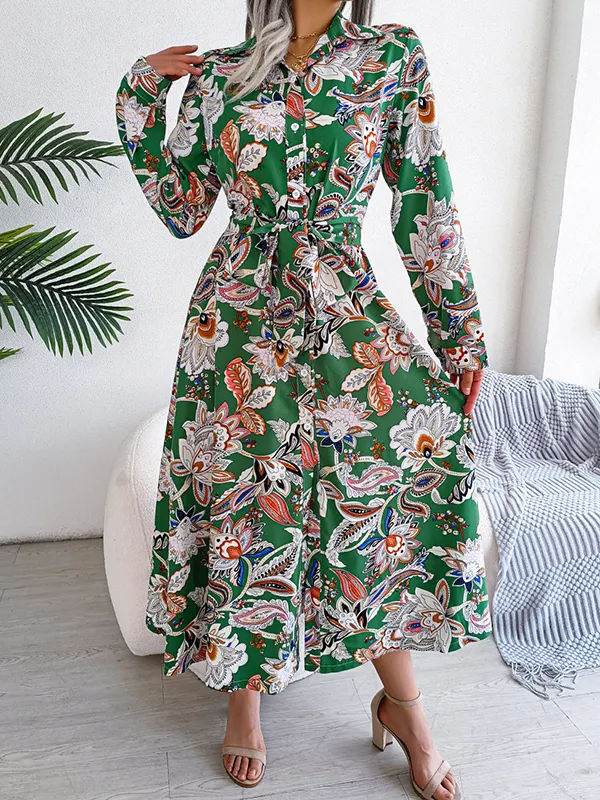 Long Sleeves Loose Buttoned Flower Print Lapel Maxi Dresses Shirt Dress