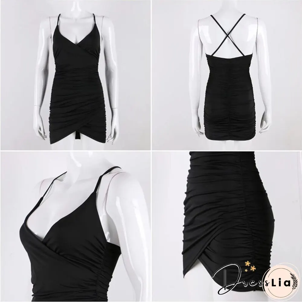 Deep neck club sexy bodycon dress women ruched backless cross red black party bandage mini