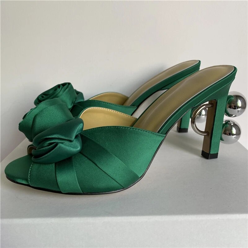 Novelty Strange Heels Modern Sandals Women Satin Rose Flower Butterfly-Knot Slingbacks Slim Shoes