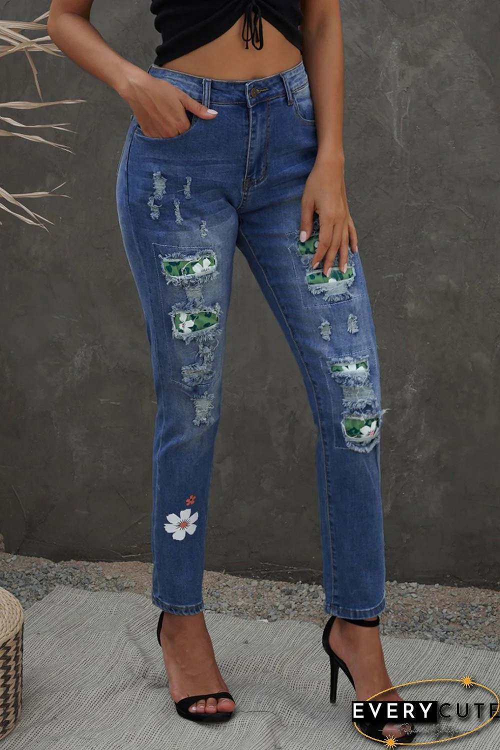 Green Floral Leopard Print Patchwork Distressed High Waist Jeans