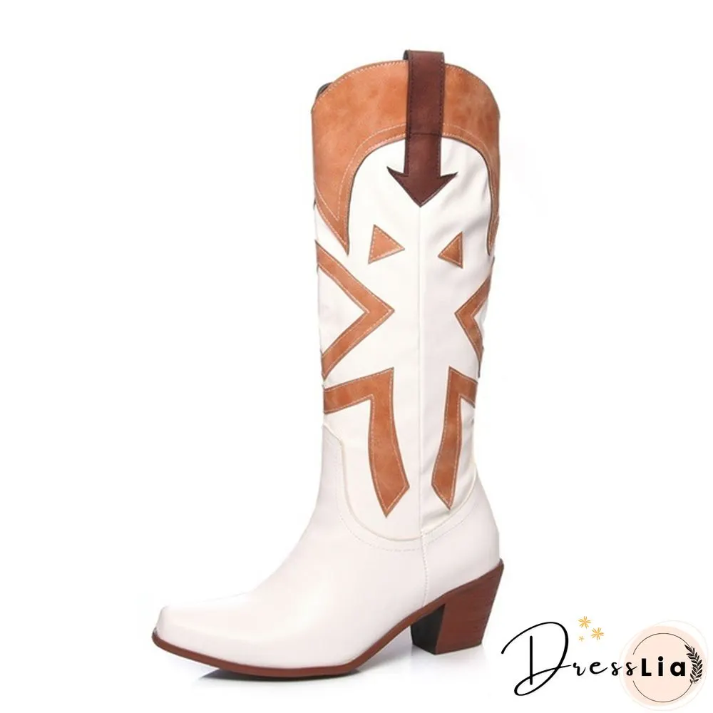 The New Style Western Cowboy Boots For Women Pointy Toe Cowgirl Boots Square Heels Knee High Boots Retro Women Boots