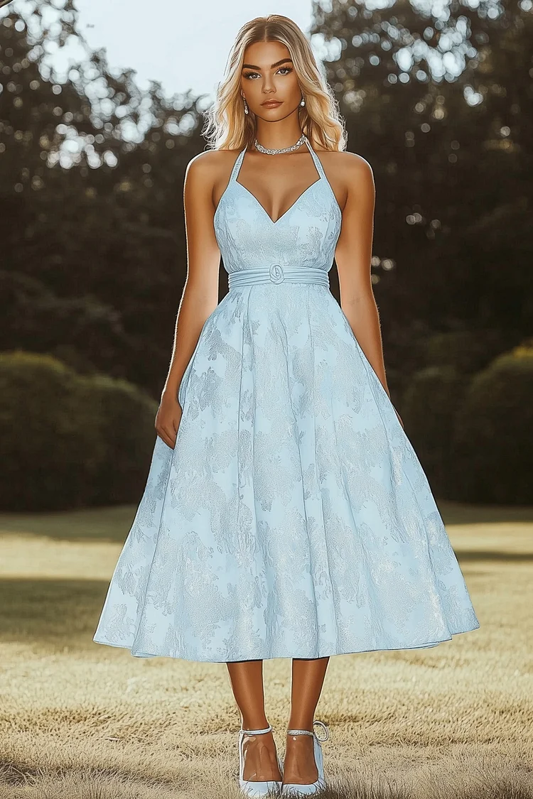 Halter Neck Floral Jacquard Vacation A-Line Midi Dresses-Blue [Pre Order]