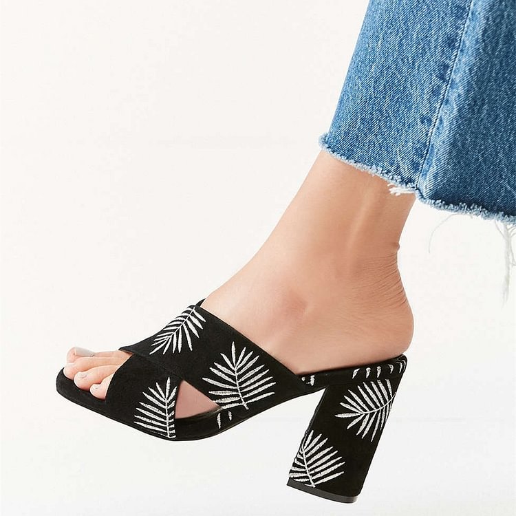 Black Embroidery Suede Cross Over Chunky Heel Mules |FSJ Shoes