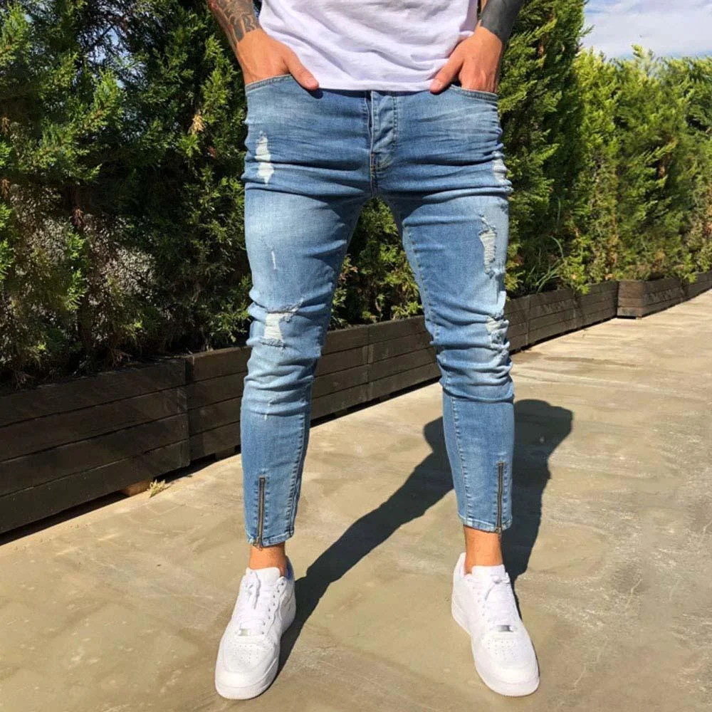 Ripped Holes Zipper Skinny Jeans