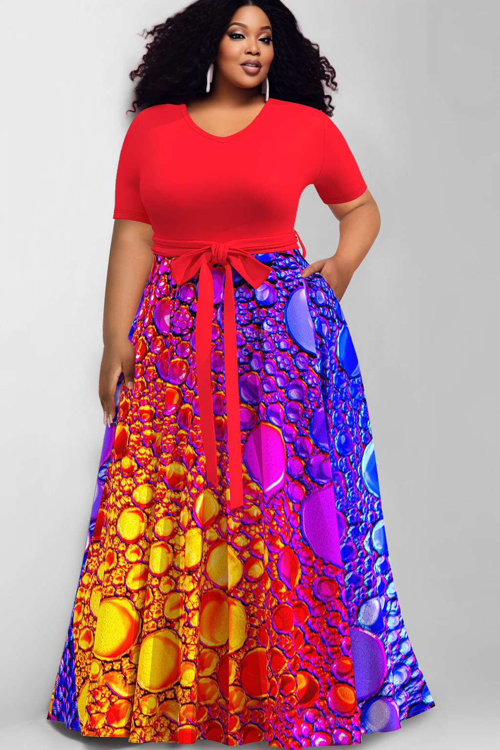 Design Plus Size Daily Red V Neck Short Sleeve Wrap Pocket Maxi Dresses [Pre-Order]