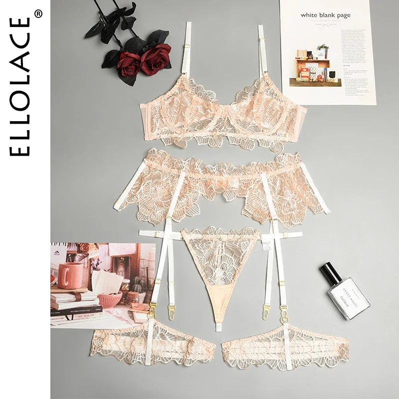 Ellolace Lace Sexy Underwear Erotic Lingerie Embroidery Transparent Bra and G-Strings Thongs Garters Brief Sets Lingerie Set