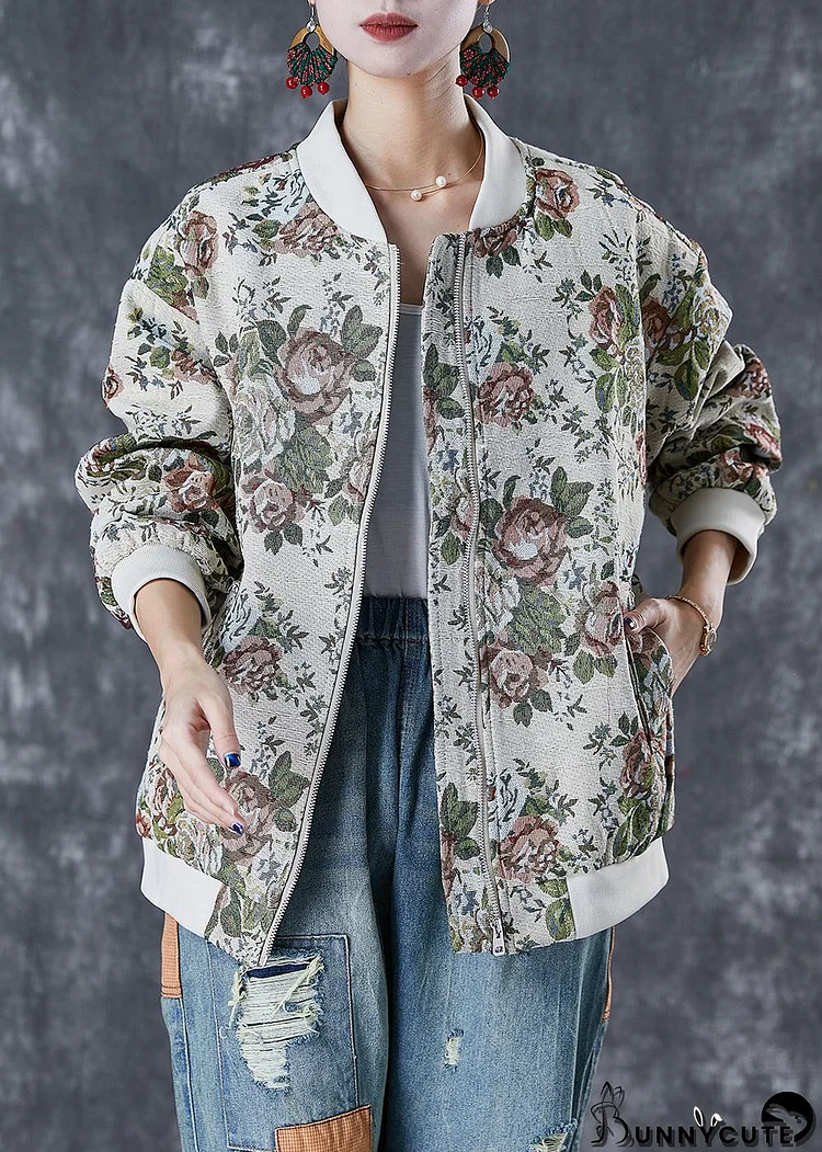 Fashion Beige Oversized Print Cotton Jackets Fall