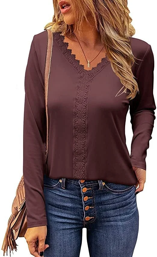 Women's Lace Bottoming Shirt V-neck Long-sleeved T-shirt