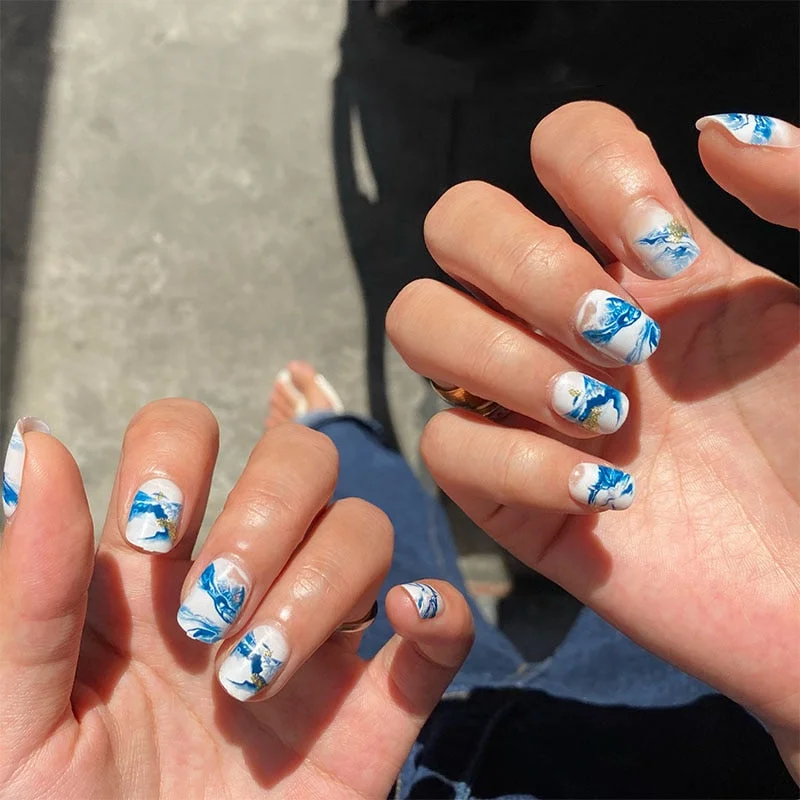 wholesale 24PCS/box glossy false nails with a pattern short size wearable full cover fake nail tips for girls nail tips glue-Nail Inspo