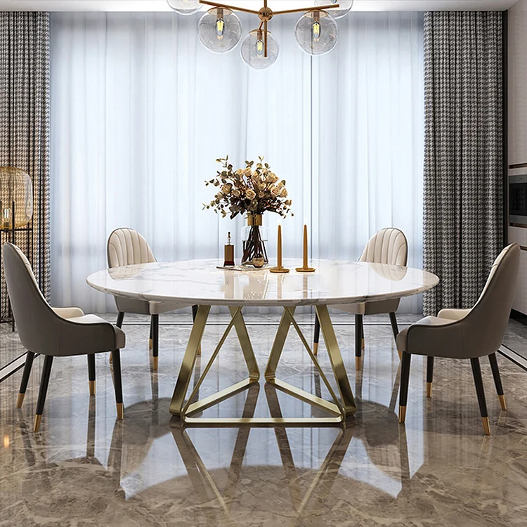 Homemys Modern Round Marble Dining Table with Silver Stainless Steel Base