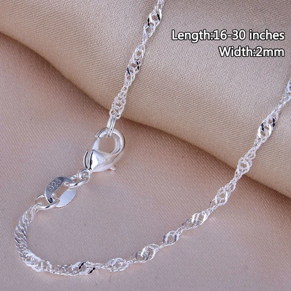 New Arrival 925 Sterling Silver 2MM Men Women Water Wave Chain Necklace (DIY Necklace) 16"-30"