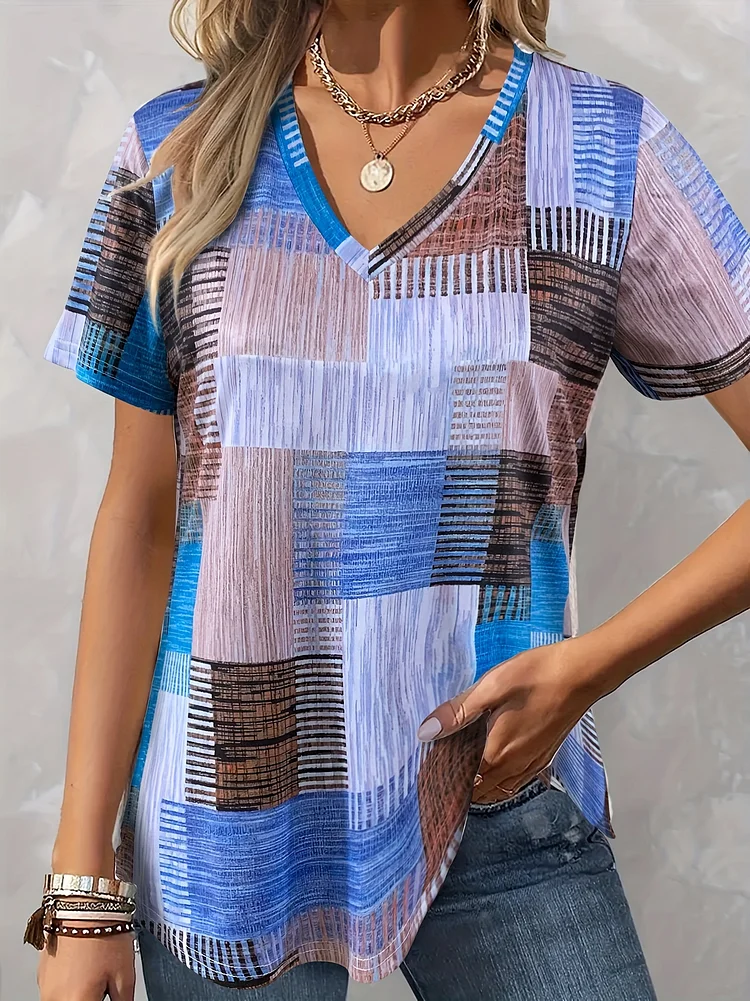 Geo Print T-Shirt, Casual V Neck Short Sleeve Top For Spring & Summer, Women's Clothing