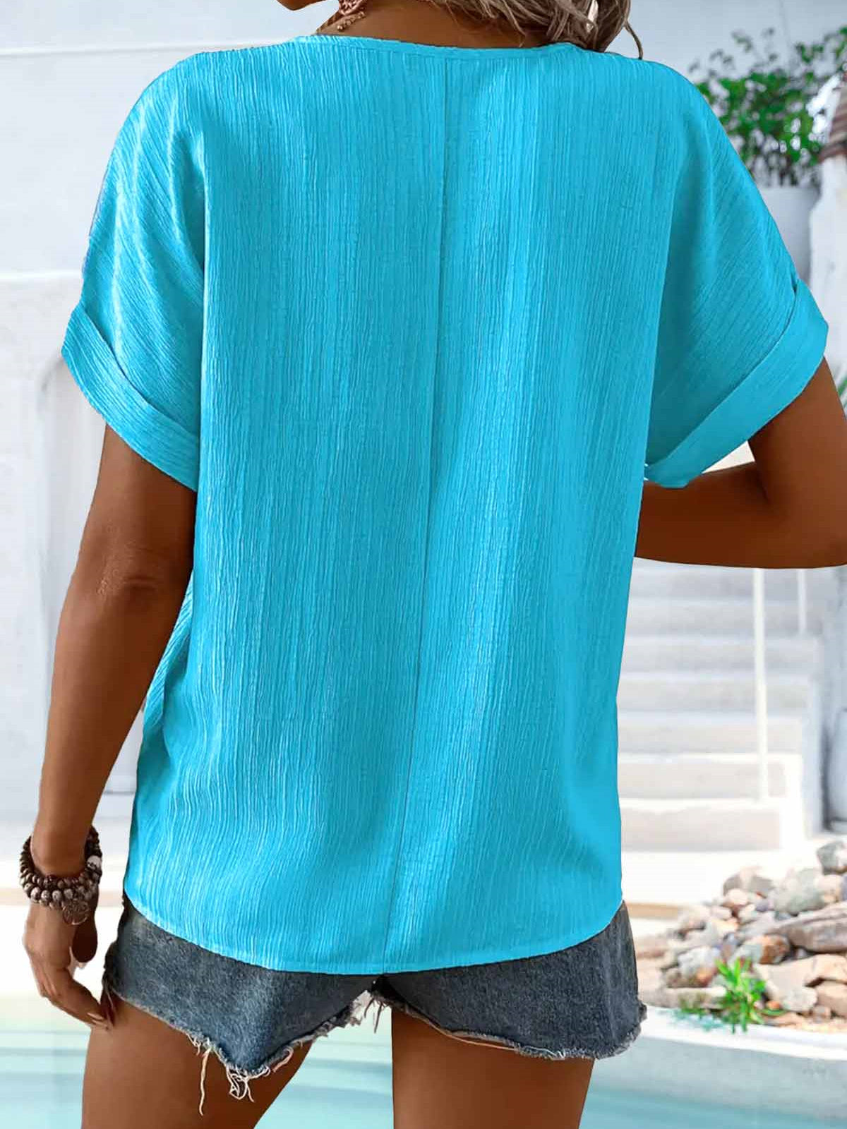 Women Short Sleeve V-neck Solid Button Tops