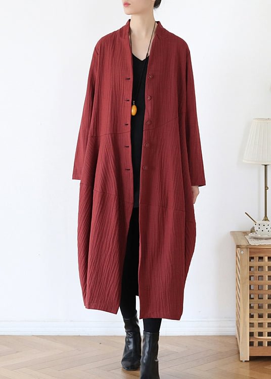 Brick Red V Neck Button Linen Trench Coats Long Sleeve