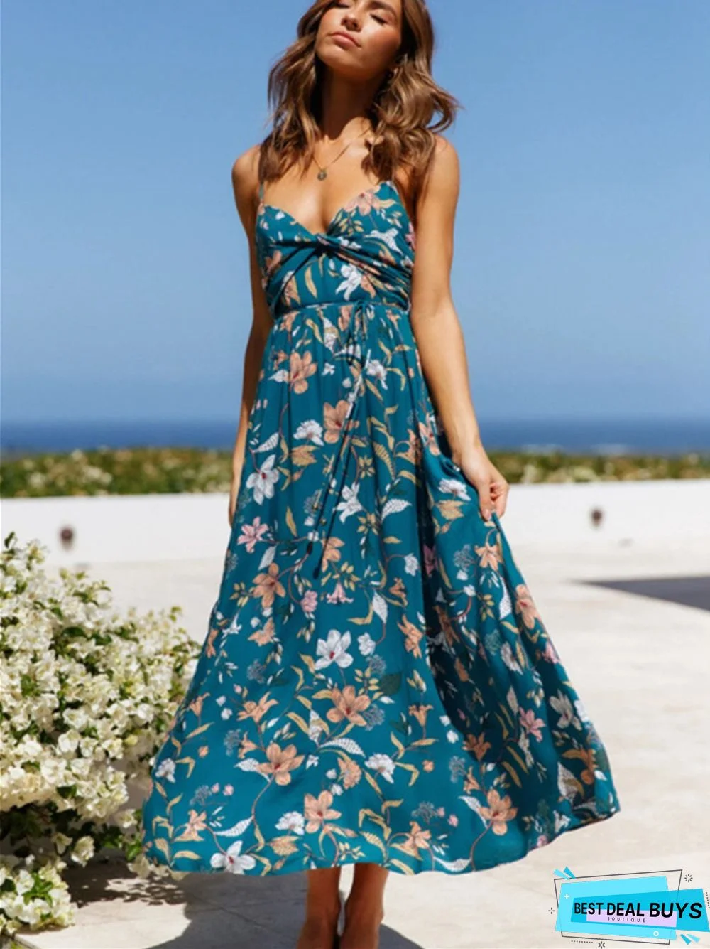 Women's New V-Neck Sling Printed Beach Dress White Dresses