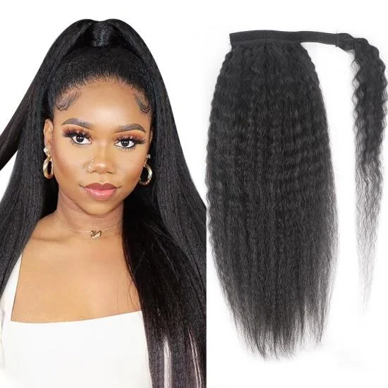YVONNE Kinky Straight Human Hair Wrap Around Ponytail Clip In Hair Extensions