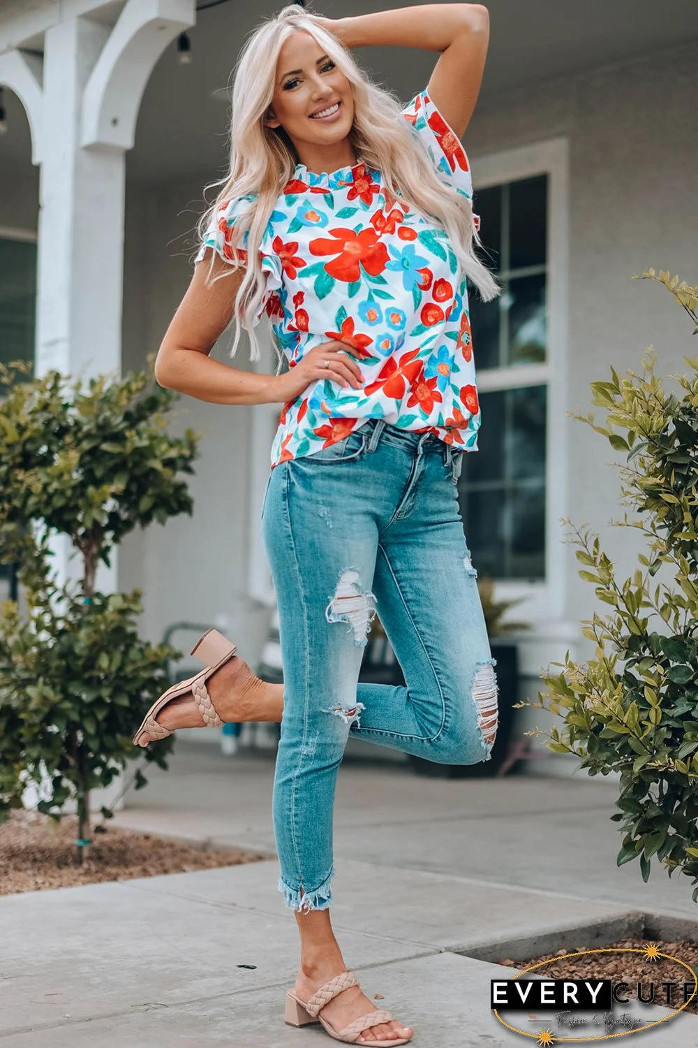White Floral Print Frilled Neck Ruffled Sleeve Top