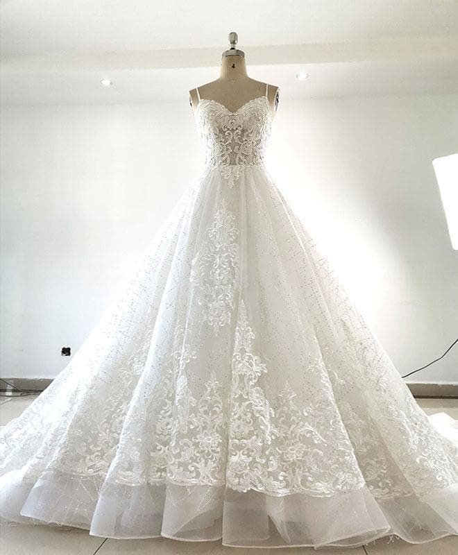 White Sweetheart Neck Tulle Lace Long Wedding Dress Lace Bridal Dress