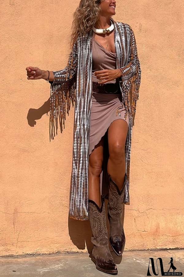 MidiSono - Evaluna Tie-dye Print Tassel Sleeve Midi Cover-up