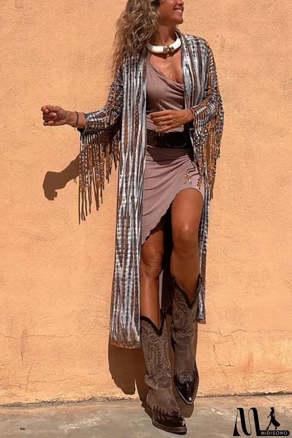 MidiSono - Evaluna Tie-dye Print Tassel Sleeve Midi Cover-up