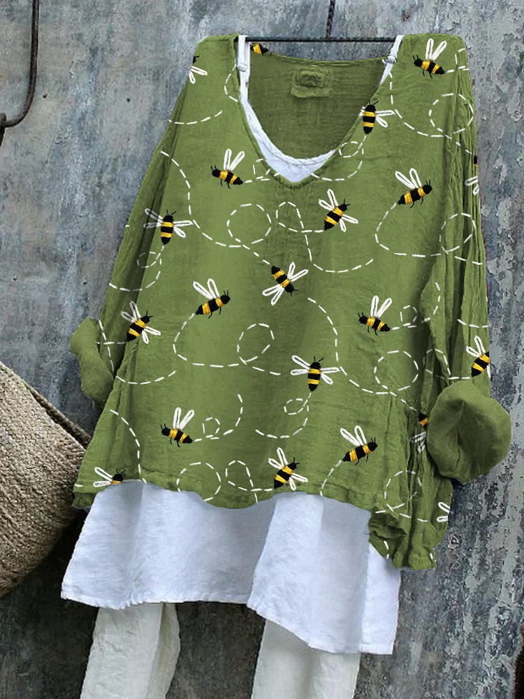 VChics Flying Bees Embroidery Pattern Linen Blend Tunic