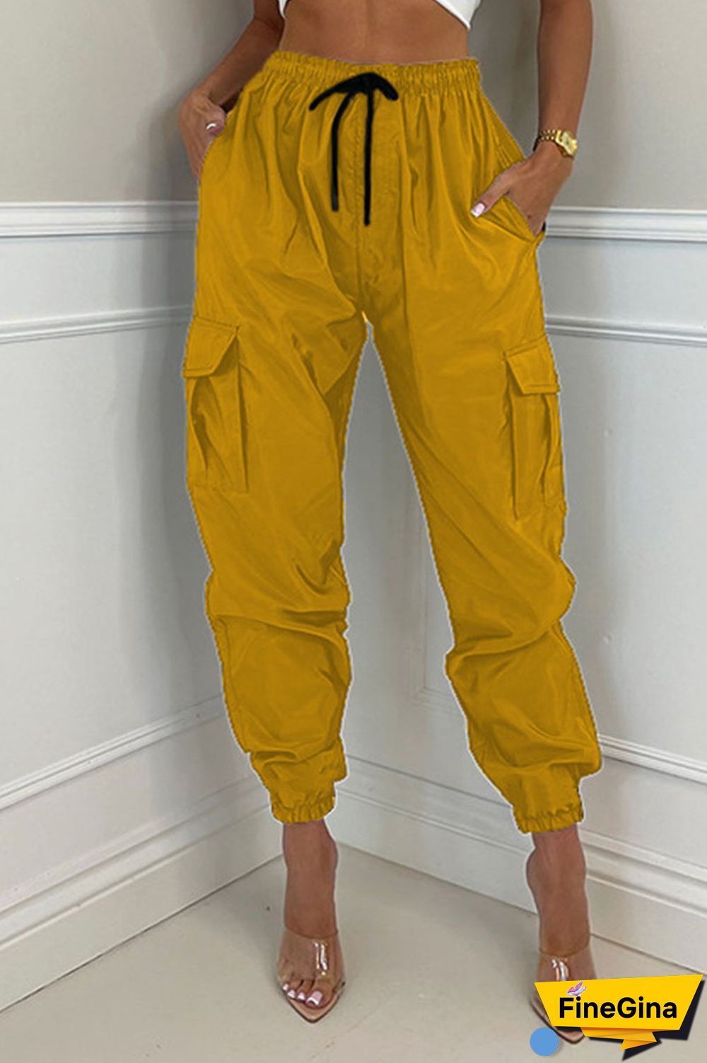 Earth Yellow Casual Street Solid Patchwork Pocket Regular High Waist Pencil Solid Color Bottoms