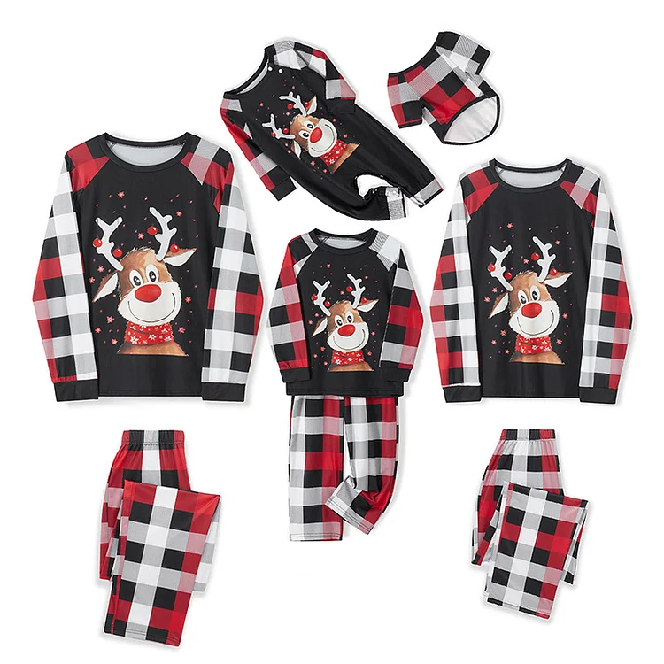 Christmas Reindeer Print Black Plaids Family Matching Pajamas Sets