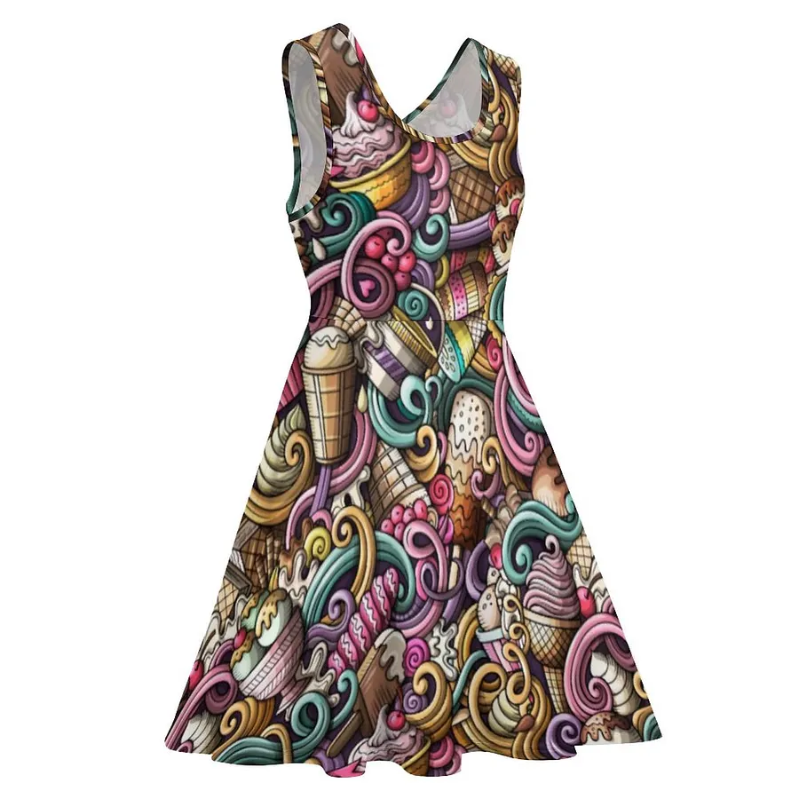 Ice Cream Doodle Crewneck A-Line Skater Dress Geometric-XL