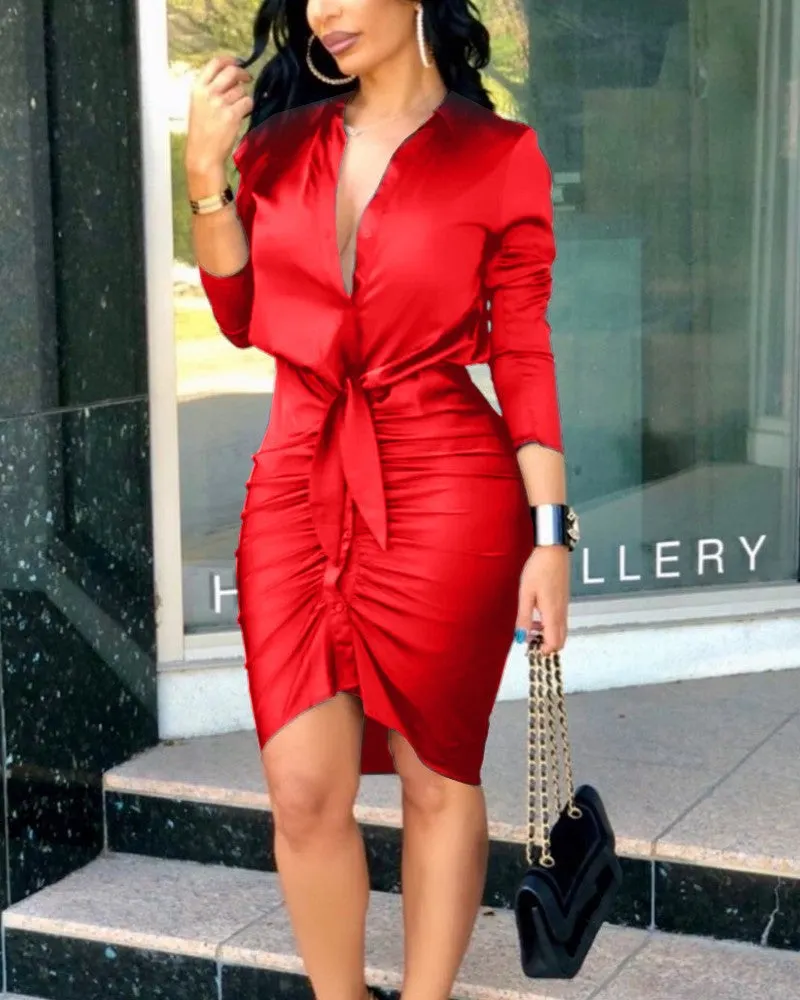 Brownm V-neck Lace-up Solid Color Long Sleeve Dresses