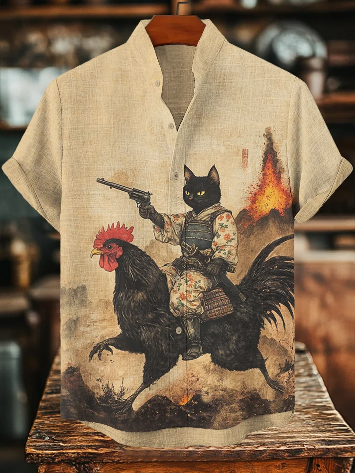 Men's Black Cat Fighting Cock Volcano Eruption Art Print Art Print Shirt