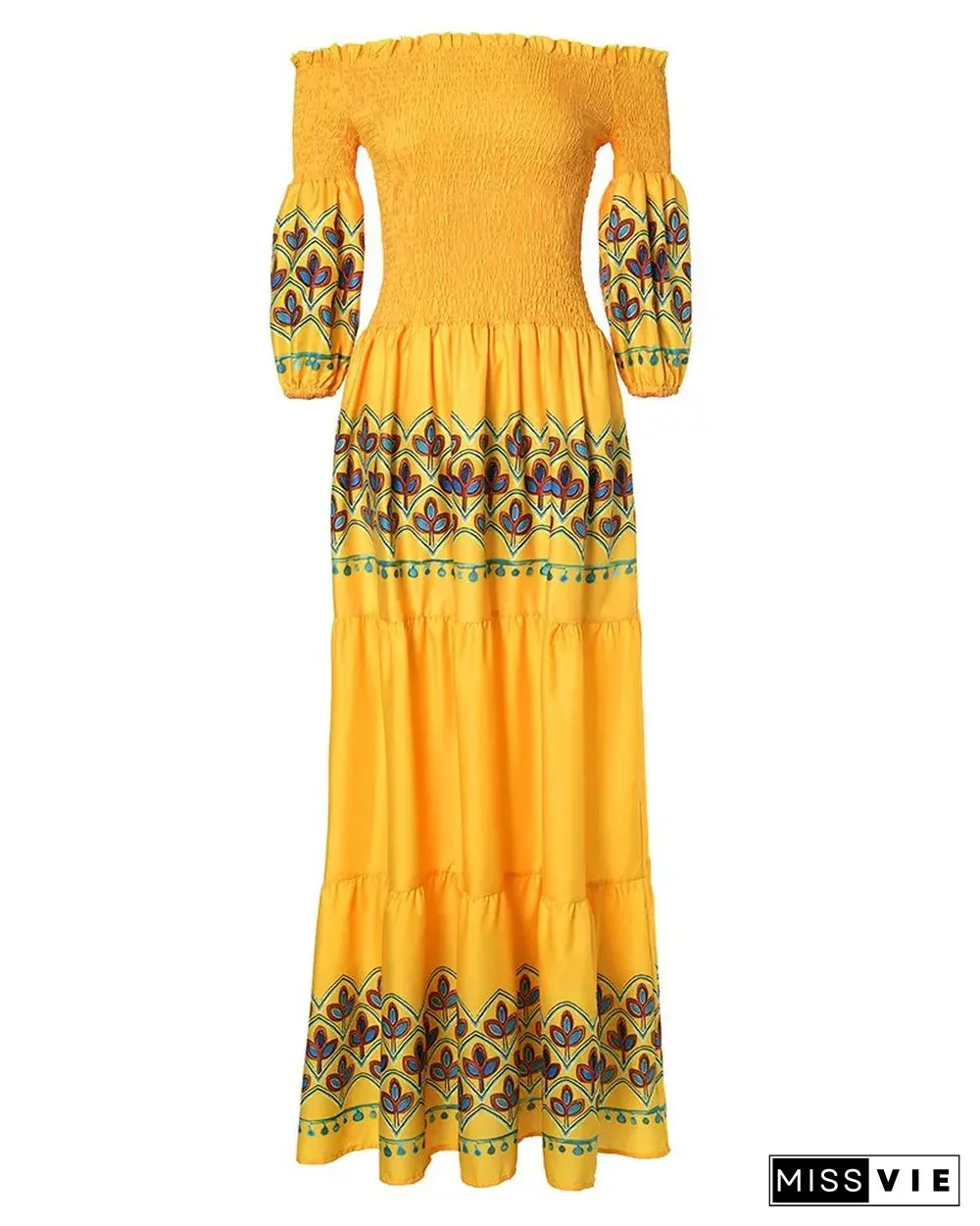 Off Shoulder Lantern Sleeve Shirred Floral Print Dress