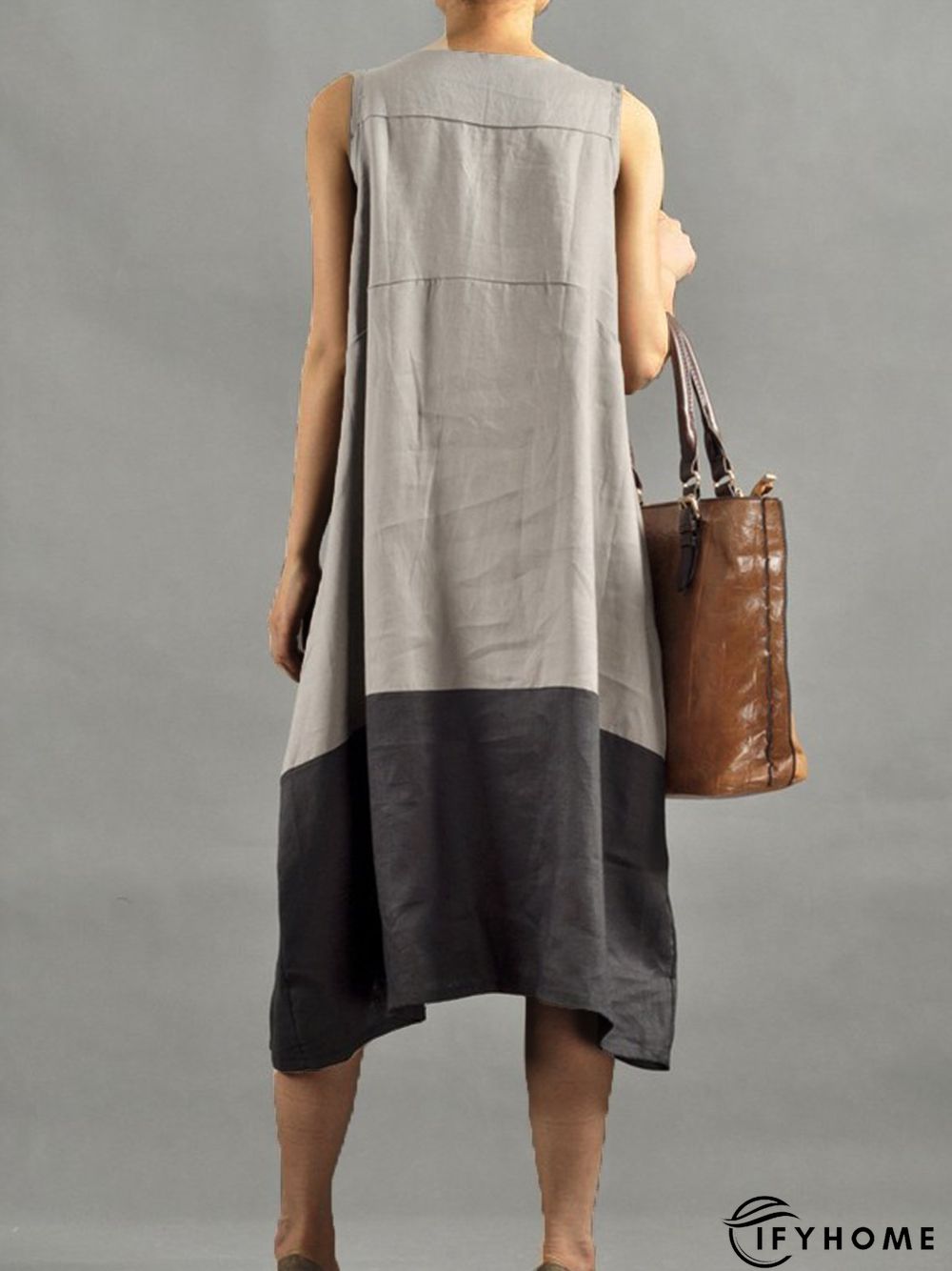 Black V Neck Cotton Casual Color-Block Weaving Dress | IFYHOME