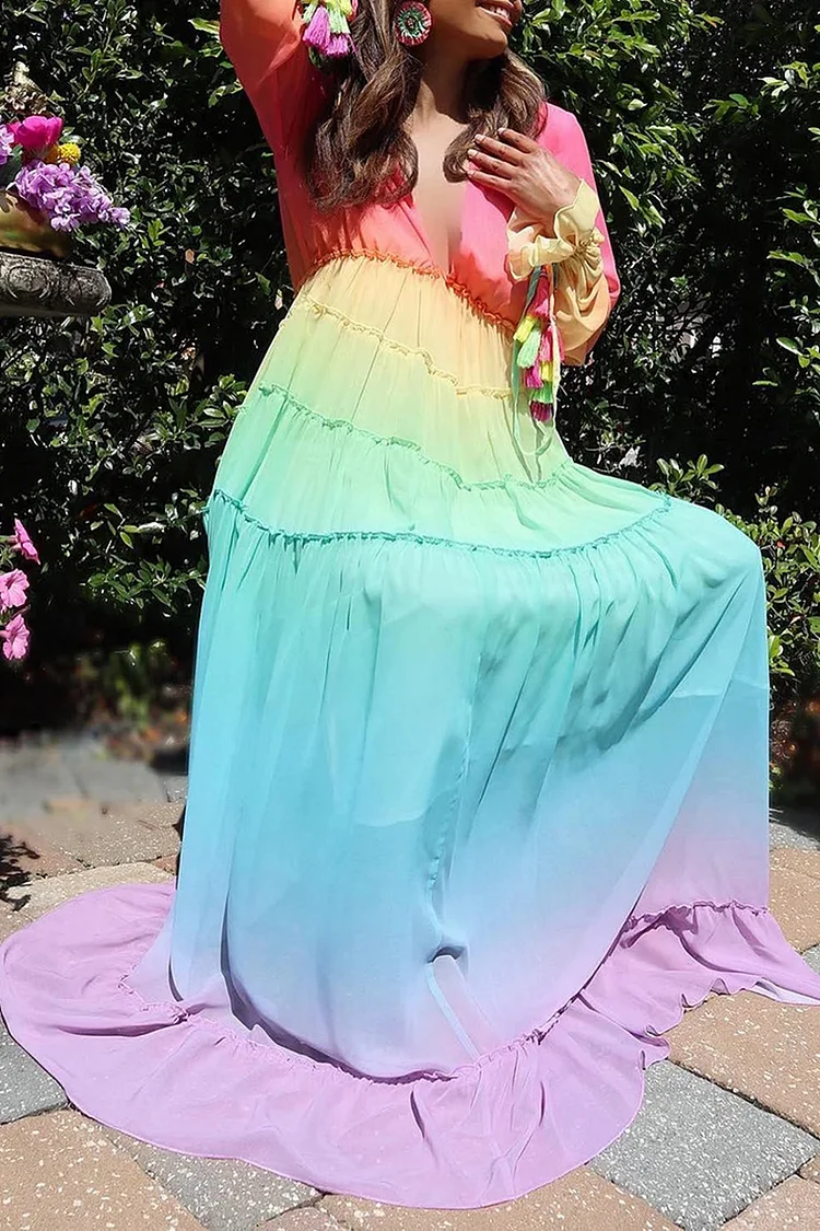 Rainbow Tulle A Line Evening Robe With Long V Neck And Plus Size
