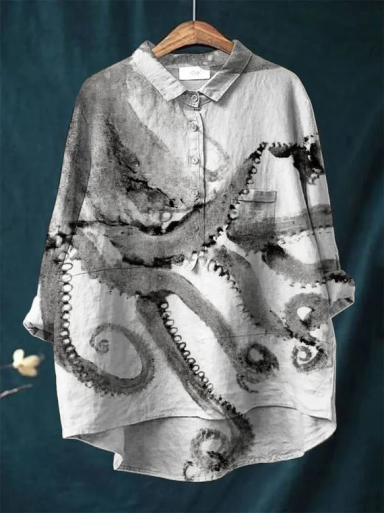 Vintage Japanese Octopus Pattern Art Print Casual Cotton And Linen Shirt